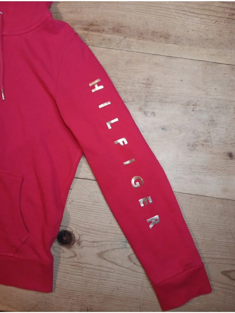 Tommy Hilfiger Hoodie Women M Red Sweatshirt Jacket Full Zip Red Gold Spellout